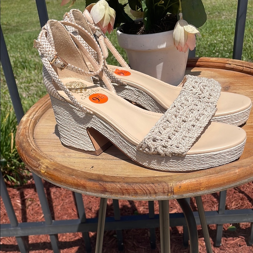 Vince Camuto Cream Wedge Sandals with Woven Upper